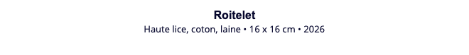 Roitelet Haute lice, coton, laine • 16 x 16 cm • 2026